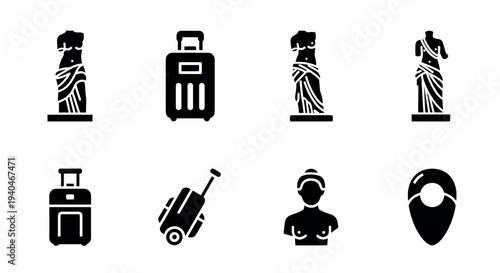 Minimalist travel icons featuring ancient statues and luggage designs