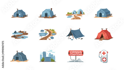 Camping and crisis relief tent collection with urban landscape and emergency symbols