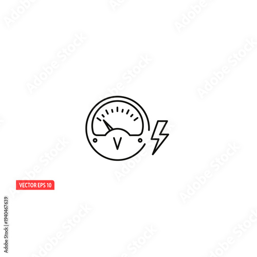 Black and white line drawing of a voltmeter with a lightning bolt