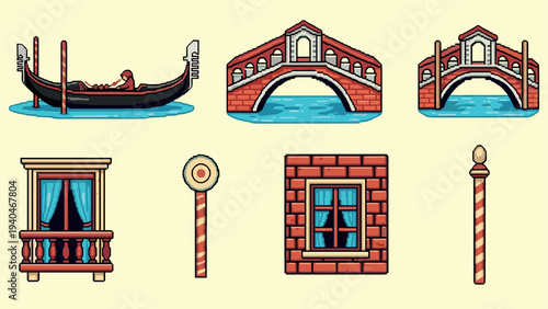 Venice elements collection: gondola, bridge, window, pixel art style