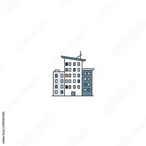 A simple line drawing of a multistory building with a unique roof design