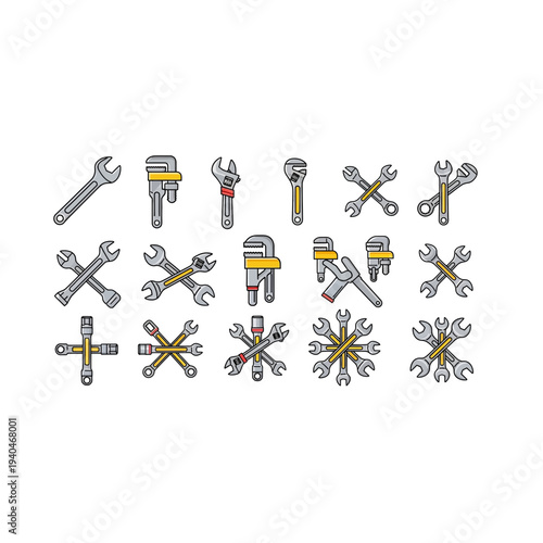 Collection of various wrenches and tools in different shapes and sizes
