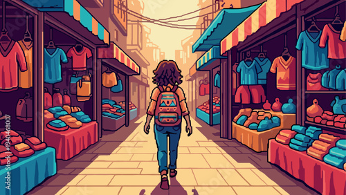 Vibrant marketplace stroll in a colorful vintage setting at sunrise