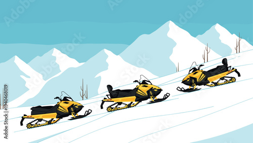 Snowmobiles climbing snowy mountain in vibrant flat design with blue sky