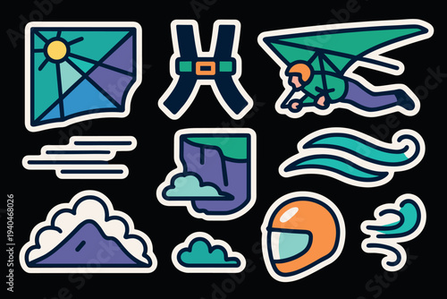 Hang gliding adventure stickers set featuring gear, scenery, and symbols