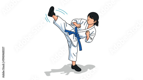 Martial artist in action with high kick and blue belt