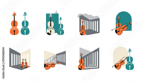 Minimalist music design featuring violins and cellos in geometric settings