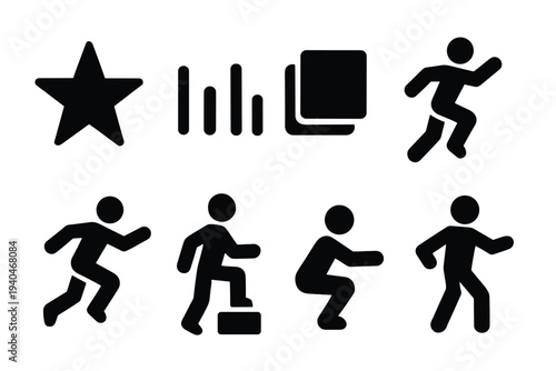 Black silhouette icons of athletic activities and basic shapes
