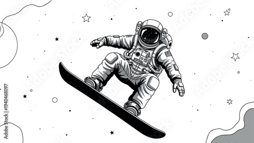 Monochrome astronaut snowboarding through outer space with stars and planets