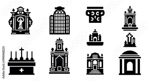 Historic building silhouettes collection: monuments, shrines, and chapels in black