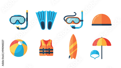 Colorful beach gear icons: snorkel, flippers, and surfboard essentials for summer fun