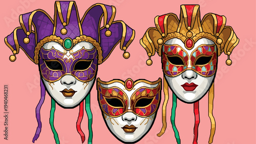 Colorful ornate carnival masks on pink background with detailed designs