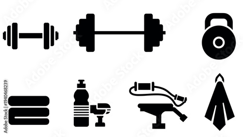 Essential gym equipment icons featuring weights, kettlebell, towel, and water bottle in black silhouette style