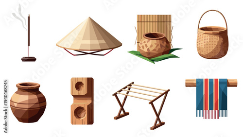 Traditional asian crafts and tools collection featuring iconic items on a white background