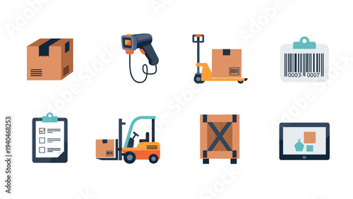 Warehouse and logistics icons set featuring packaging, barcode, and forklift elements