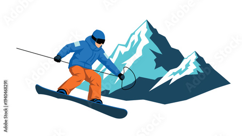 Dynamic snowboarder in action with majestic mountain backdrop