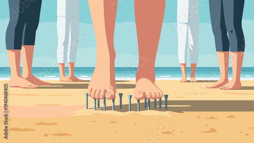 Metaphor of risk and challenge: walking on nails at the beach