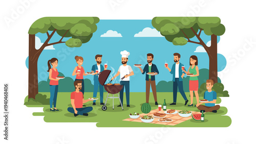 Group enjoying outdoor barbecue with friends in scenic park setting
