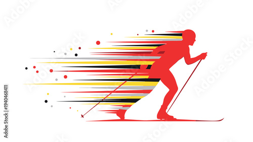 Dynamic silhouette of speedy skier in motion with colorful streaks