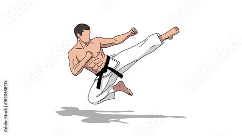 Martial artist in dynamic jump kick pose on white background