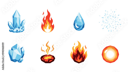 Set of low poly element icons featuring crystal, fire, water, and explosion designs