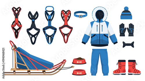 Dog sledding gear and winter outfit icons in flat style for adventure enthusiasts