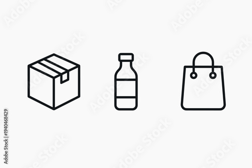 Minimalist outline icons of package, bottle, and shopping bag for e-commerce