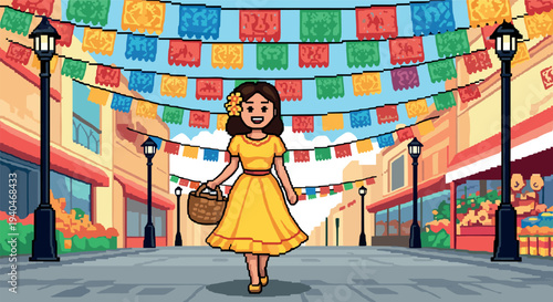 Festive street celebration with woman in yellow dress and bright banners in pixel art style
