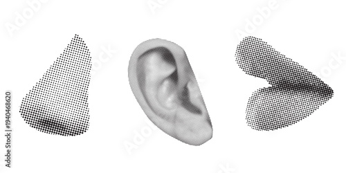 Human Anatomy Halftone design Set, Realistic Nose, Ear, and Lips on White Background, Medical and Healthcare Concepts