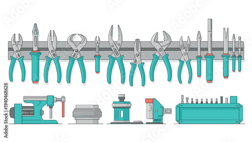 Comprehensive workshop tools set with hand and power tools on rack