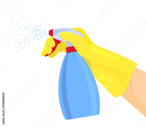 Hand in yellow gloves holds plastic spray bottle with liquid. Cleaning concept. Vector cartoon flat illustration.
