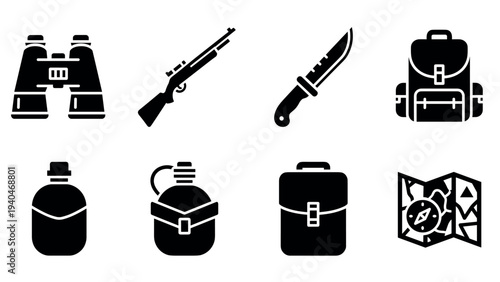 Camping gear silhouette set: binoculars, knife, backpack, and more