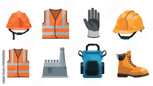 Construction equipment icons: safety helmets, vests, and boots in flat design