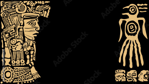 Mayan warrior.  Symbols, letters, masks and pictures