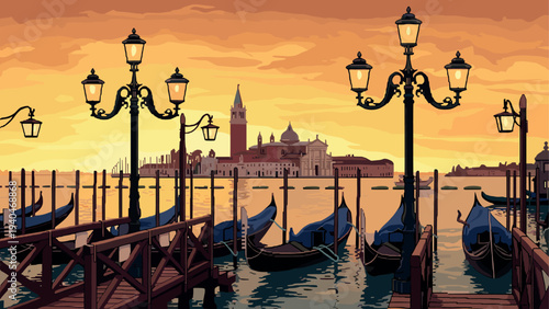 Pixel art venice: sunset gondolas and lamp posts by the water