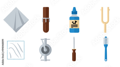 Musical instrument cleaning and repair tools collection in flat design