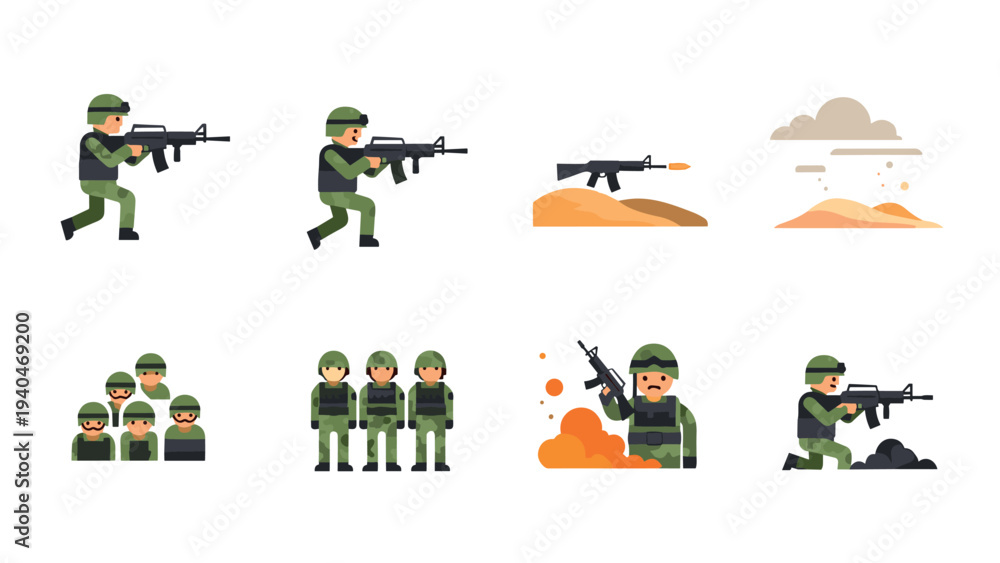 Obraz premium Military action pack: flat cartoon icons of soldiers and combat scenes