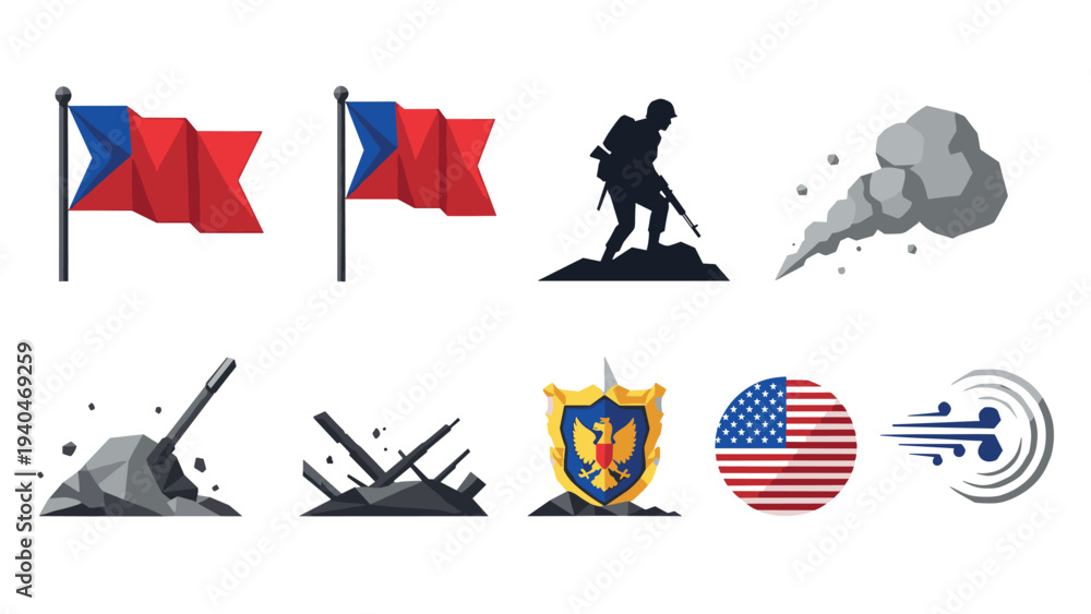 Fototapeta premium Military icon set: flat design symbols of flags, soldiers, and warfare elements