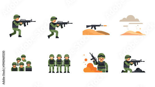 Military action pack: flat cartoon icons of soldiers and combat scenes