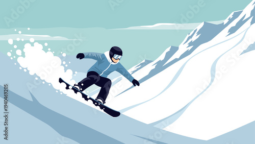 Snowboarder carving down mountain slope in winter landscape