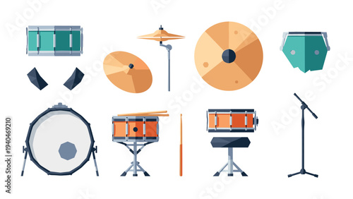 Flat music percussion set with drums, cymbals, and microphone in minimalist style