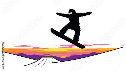 Silhouette of snowboarder jumping against vibrant sunset over snowy mountain