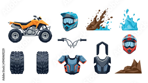 Off-road adventure gear and equipment set featuring quad bike and protective gear