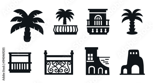 Silhouette balcony and palm tree icons: architectural and tropical elements
