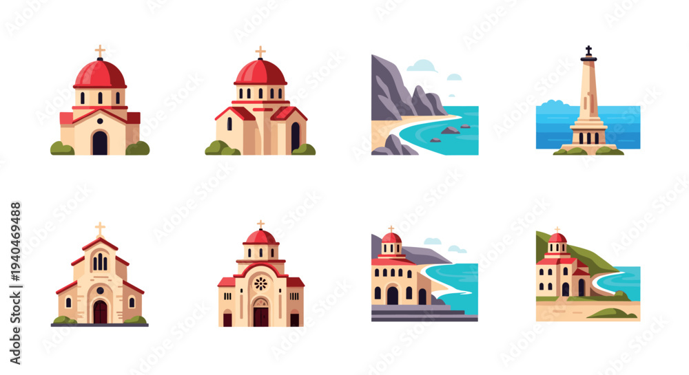 Obraz premium Coastal architecture and landscapes featuring churches and lighthouses in flat style