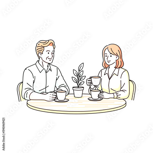 Line art illustration of an intergenerational couple enjoying coffee and conversation at a cafe table with a potted plant.