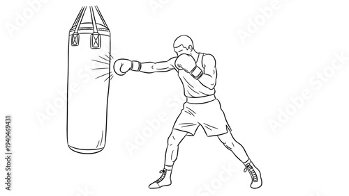 Boxer training with punching bag: linear drawing of athletic workout