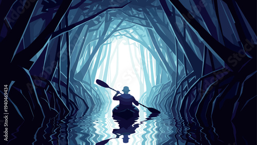 Silhouette of man kayaking through mysterious forest tunnel at dusk