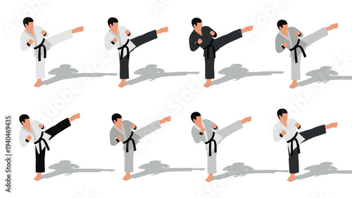 Martial arts training with karate practitioners demonstrating kicks in isometric style