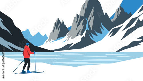 Cross-country skier in scenic mountain landscape